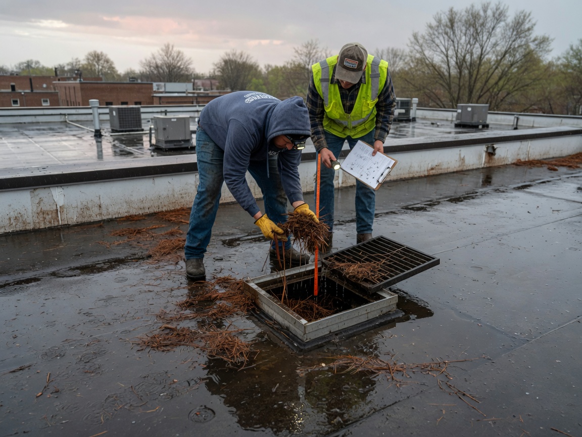Inspecting Flat Roof Drains After Cedar Rapids Spring Rains